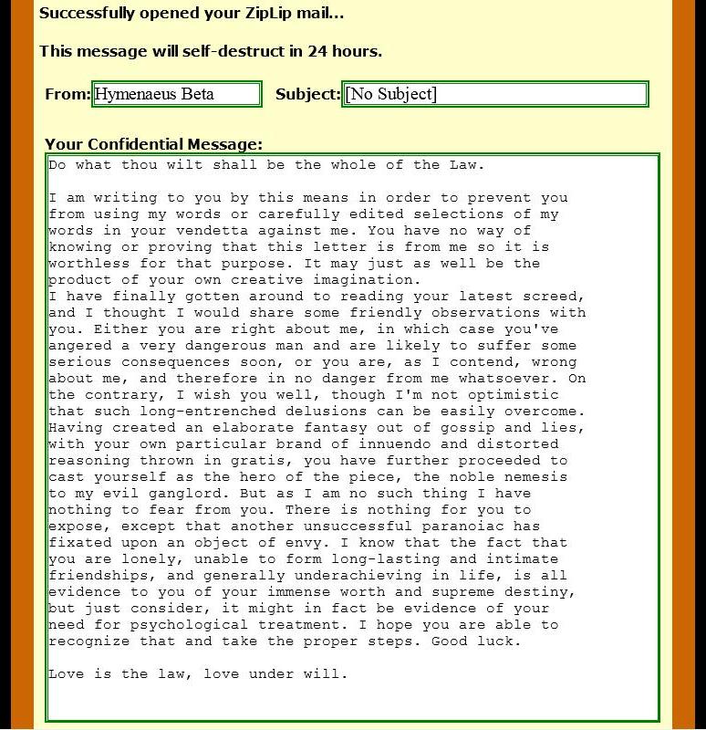 ZipLip message that was supposed to self-destruct after reading it, but I saved the file before pressing the DONE button that was at the bottom.